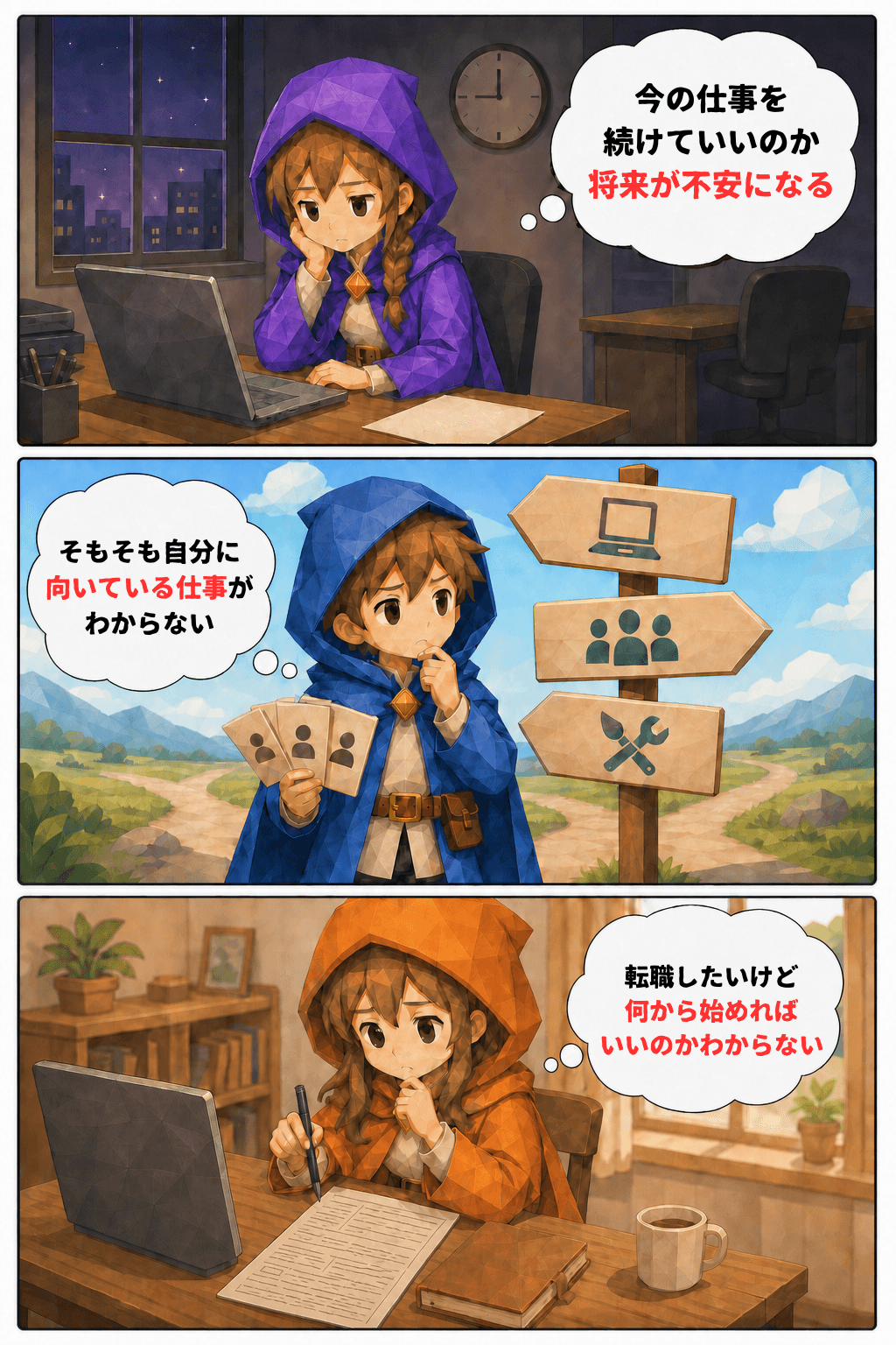 今の仕事への不安、適職が分からない悩み、転職の始め方に迷う様子を描いた3コマ漫画
